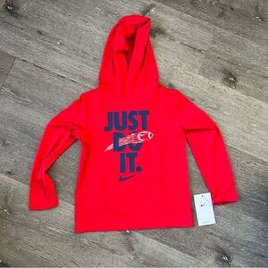 NWT Kids Boys 6 Red Nike Dri Fit Hooded Long Sleeve Shirt Swoosh Just Do It